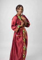 Maroon & African Kente Print Satin Kimono Robe