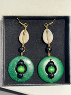 Handmade Green Hoop & Cowrie Shell Kenyan Beaded Earrings