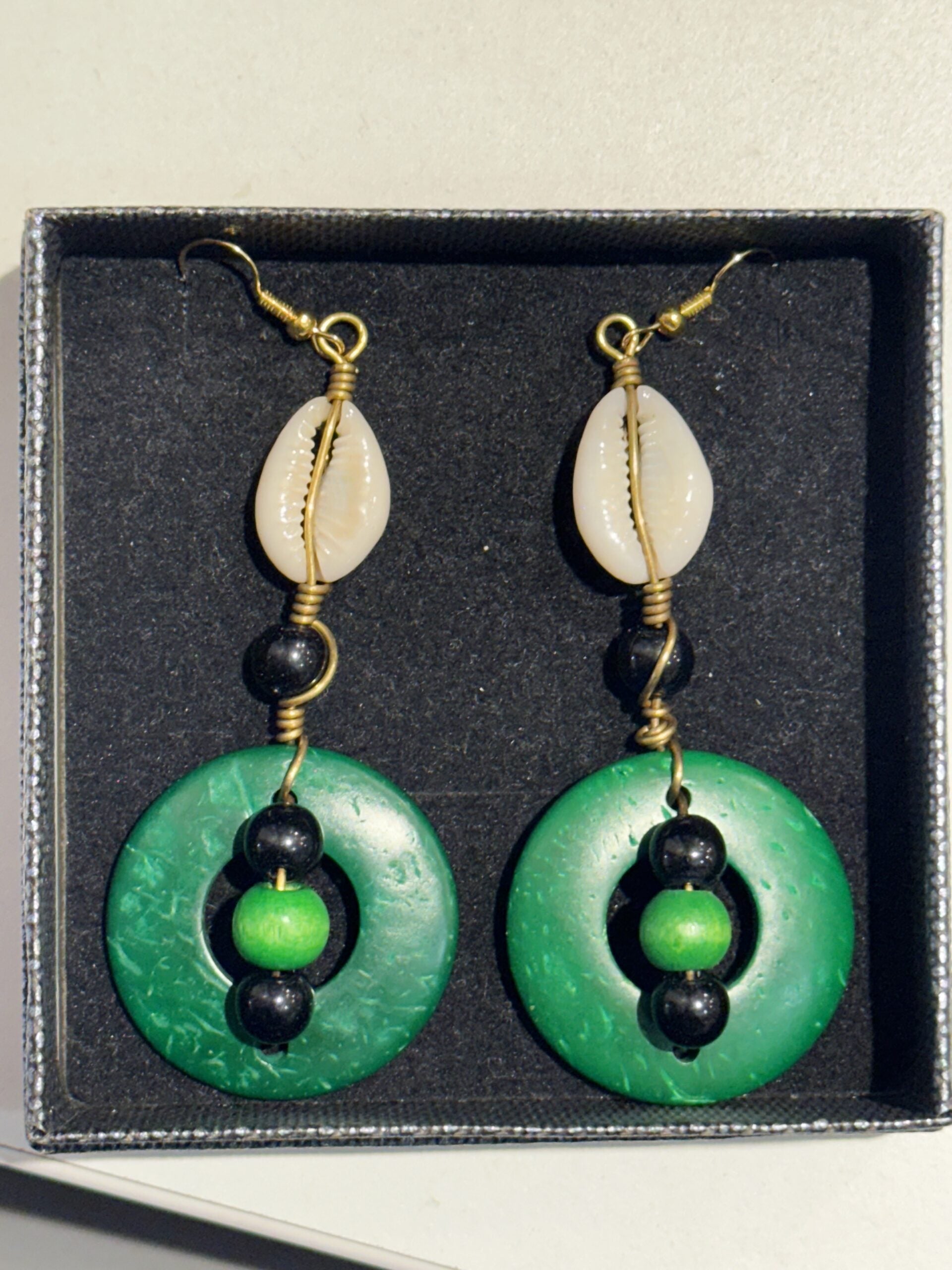 Handmade Green Hoop & Cowrie Shell Kenyan Beaded Earrings