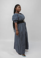 Beautiful White & Blue Checkered Ankara Puffy Sleeve Dress