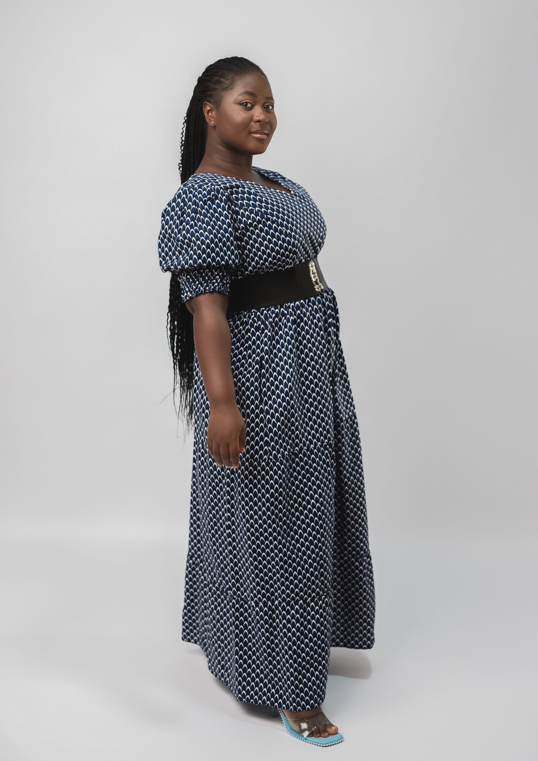 Beautiful White & Blue Checkered Ankara Puffy Sleeve Dress