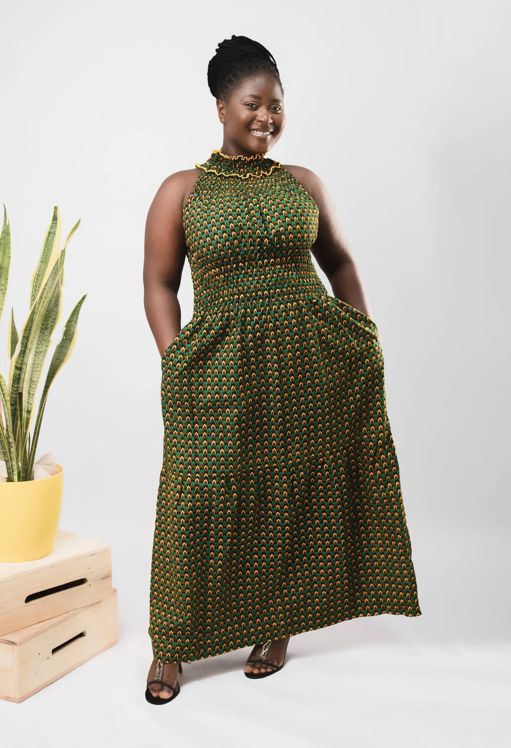 Denise Dark Green Elegant Ankara High-neck Halter Maxi