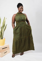 Denise Dark Green Elegant Ankara High-neck Halter Maxi
