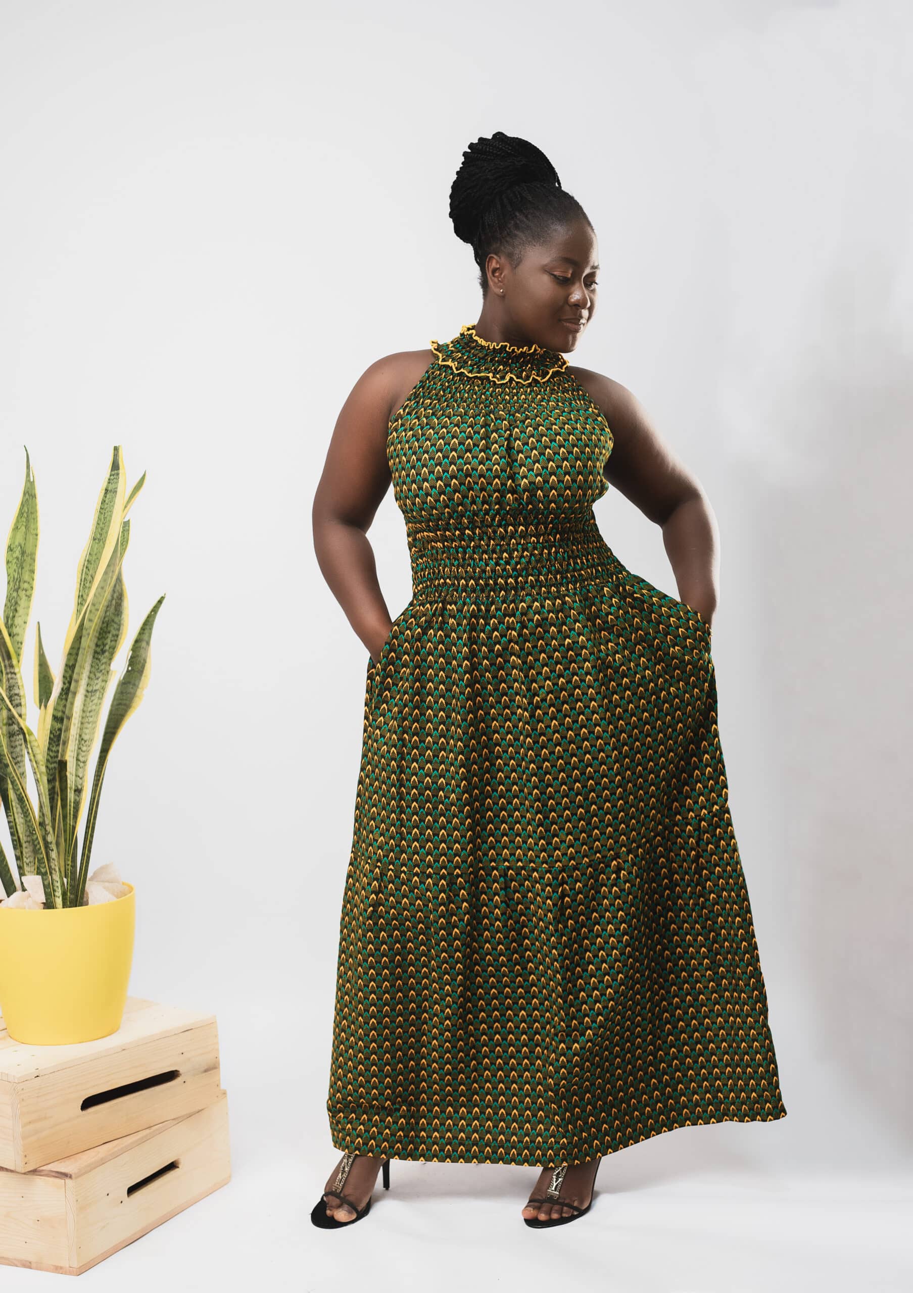 Denise Dark Green Elegant Ankara High-neck Halter Maxi