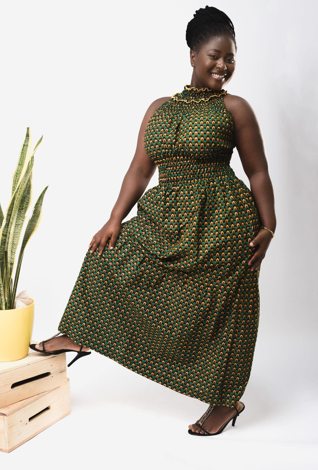 Denise Dark Green Elegant Ankara High-neck Halter Maxi
