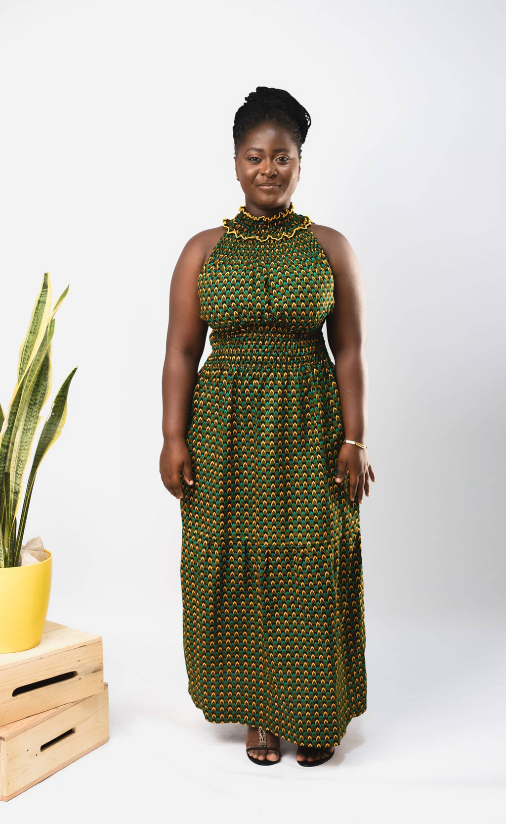 Denise Dark Green Elegant Ankara High-neck Halter Maxi