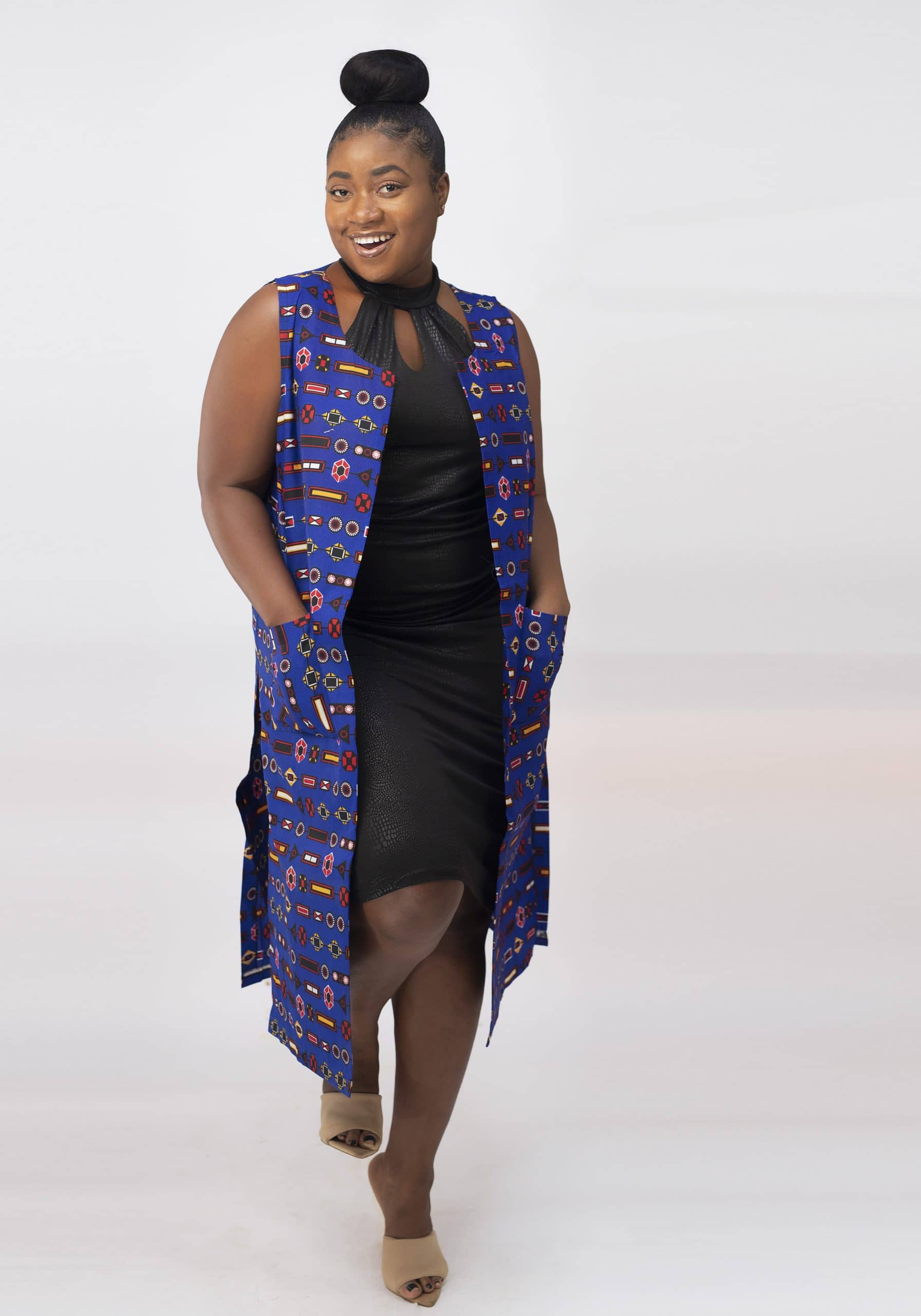 Jaylene Deep Blue Ankara Colourful Open Front Trench Vest