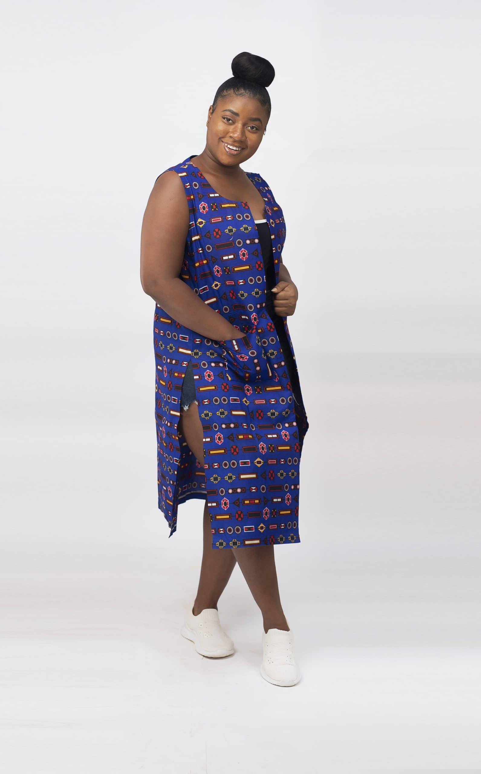 Jaylene Deep Blue Ankara Colourful Open Front Trench Vest