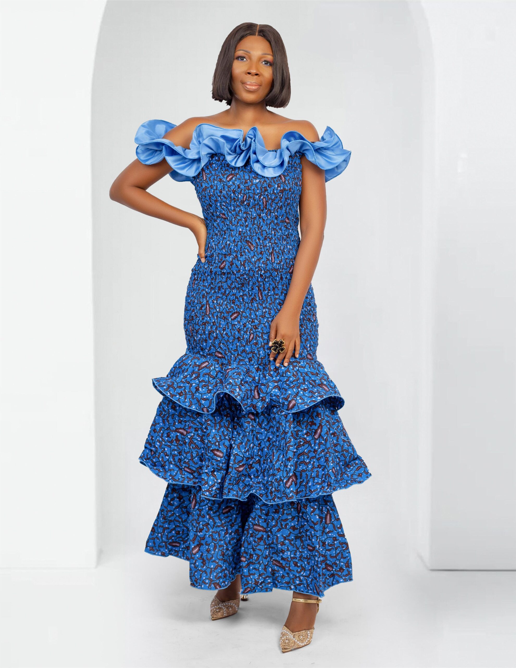 Ankara Maxi Ruffle Shoulder Dress In Blue - Malia