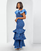 Ankara Maxi Ruffle Shoulder Dress In Blue - Malia