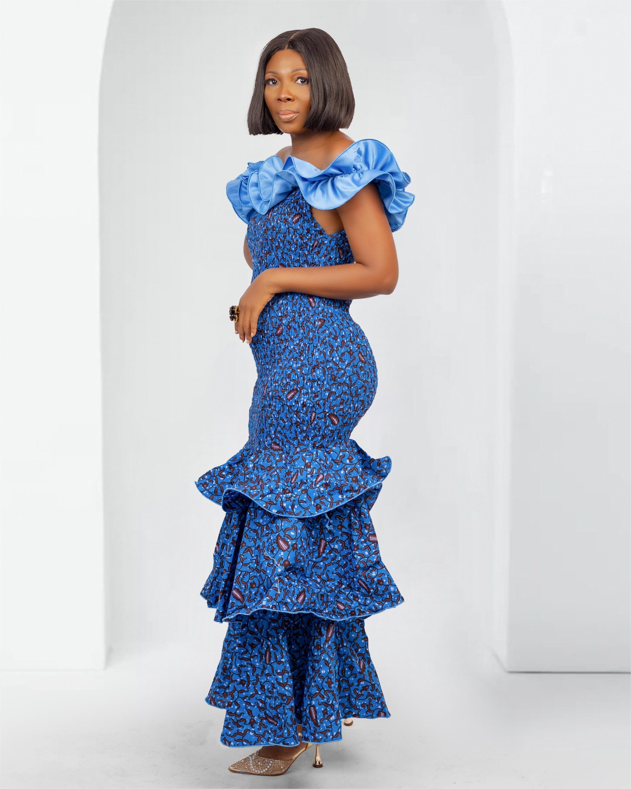 Ankara Maxi Ruffle Shoulder Dress In Blue - Malia