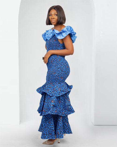 Ankara Maxi Ruffle Shoulder Dress In Blue - Malia