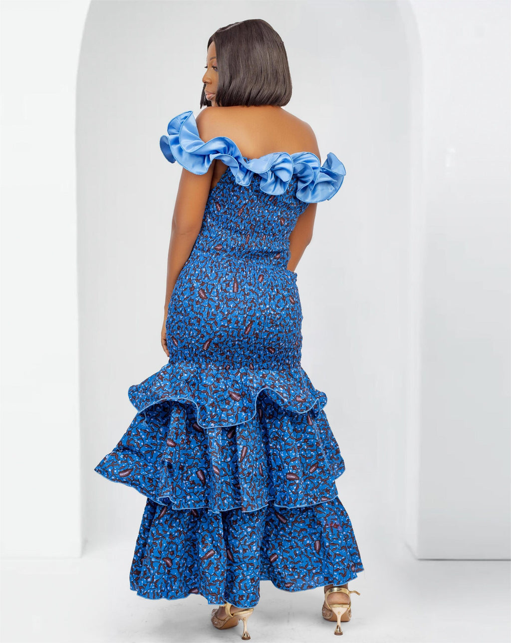 Ankara Maxi Ruffle Shoulder Dress In Blue - Malia