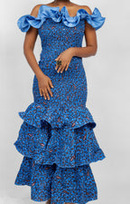 Ankara Maxi Ruffle Shoulder Dress In Blue - Malia
