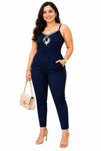 Elegant Navy Strappy Jumpsuit with Embellished Neckline – Slim Fit Casual Chic One-Piece