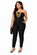 Black Strapless Jumpsuit with Gold Embellished Detail – Elegant Slim Fit Evening One-Piece