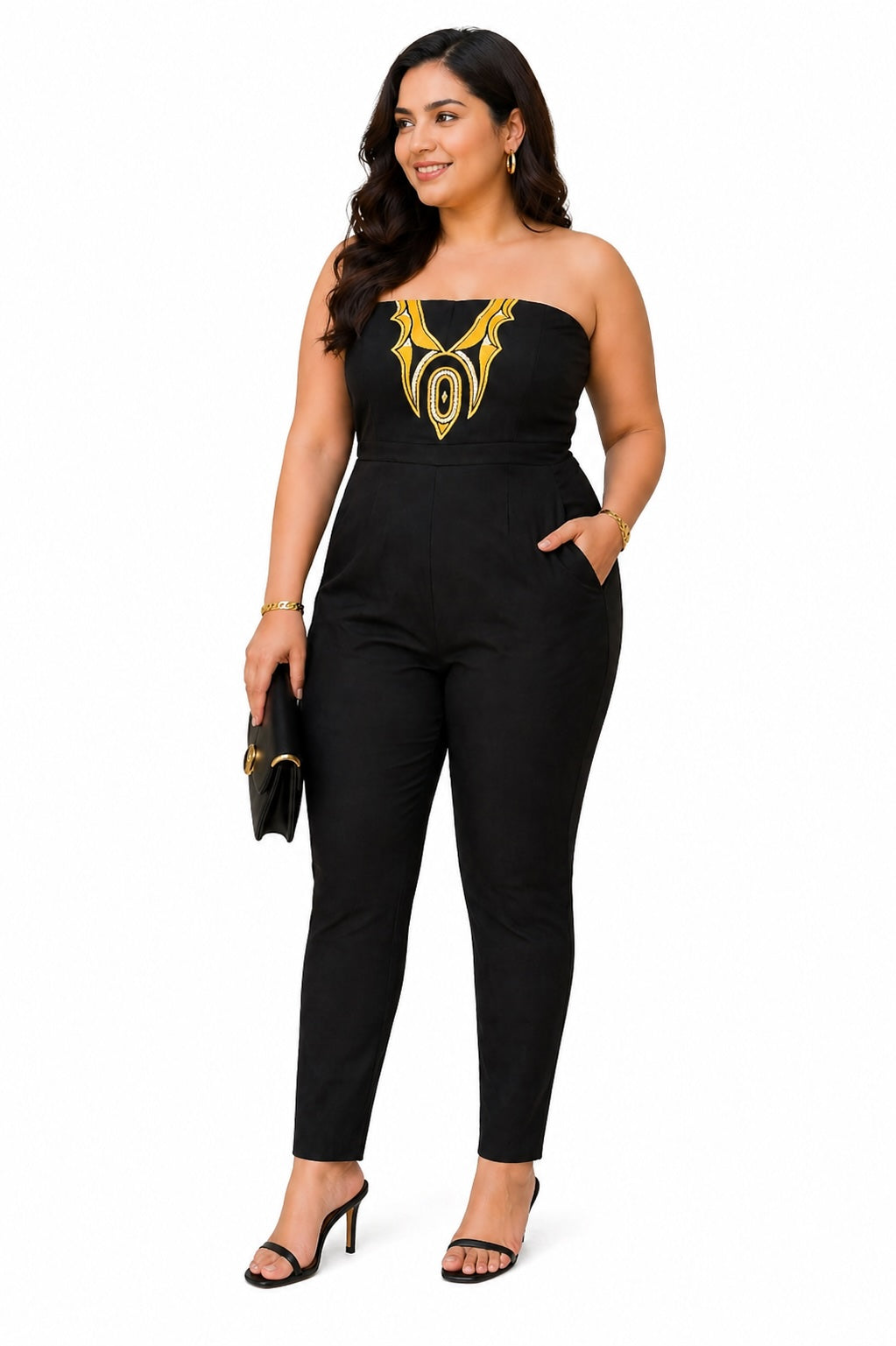 Black Strapless Jumpsuit with Gold Embellished Detail – Elegant Slim Fit Evening One-Piece