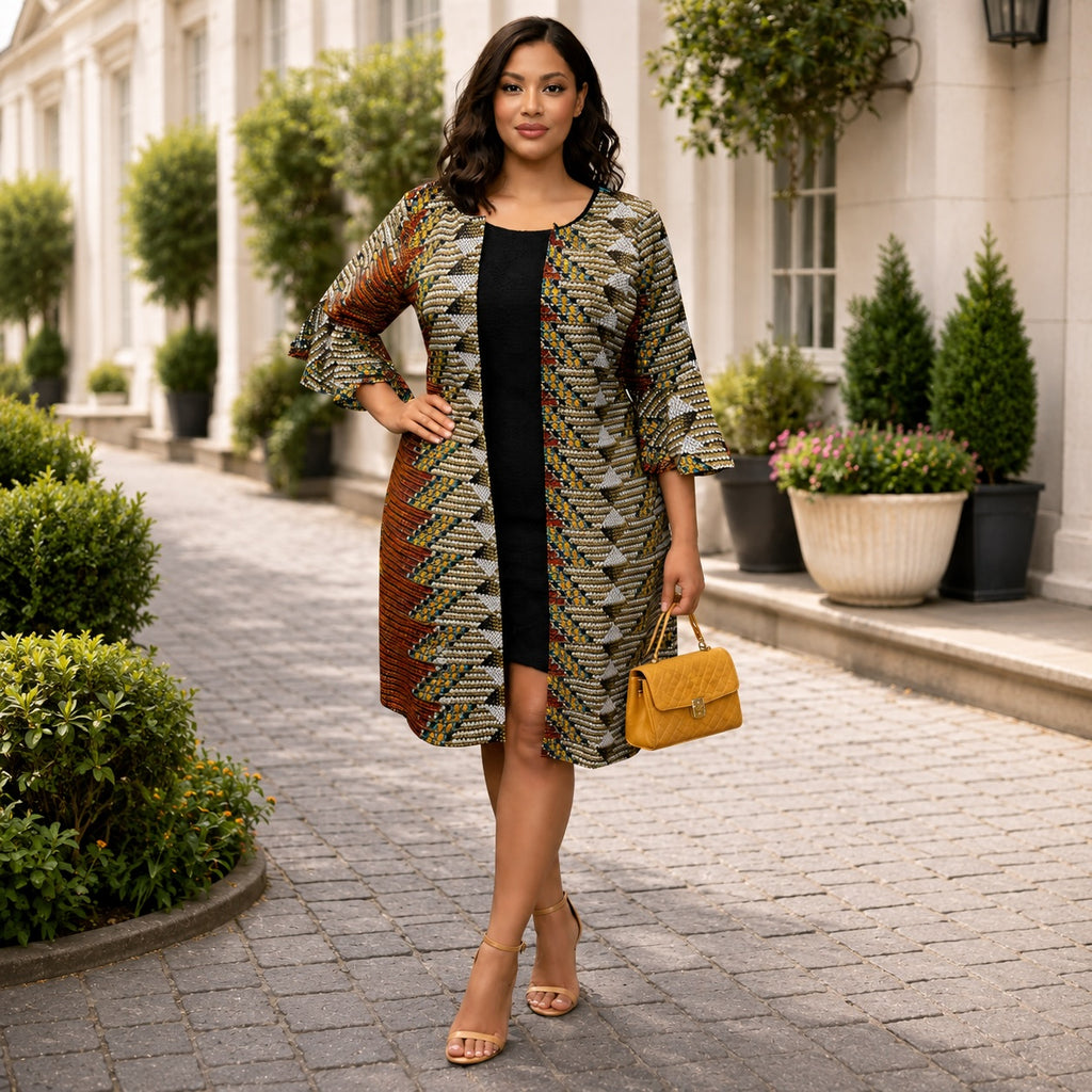 Women’s African Print Longline Jacket – Gold, Brown & Black
