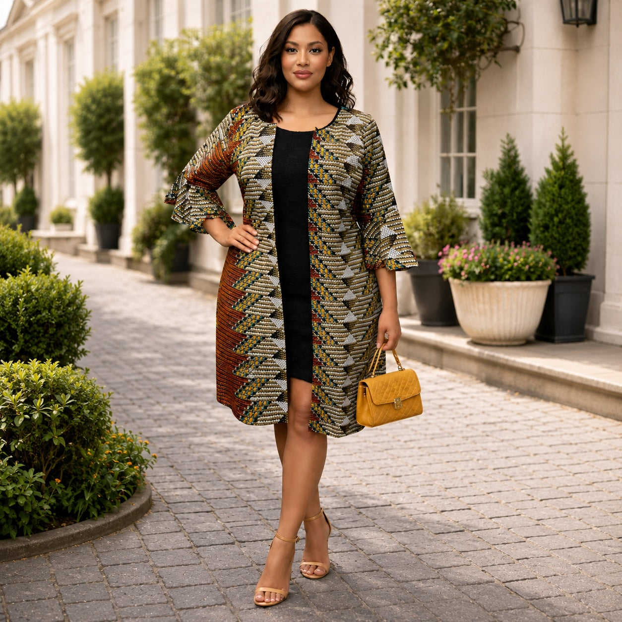 Women’s African Print Longline Jacket – Gold, Brown & Black
