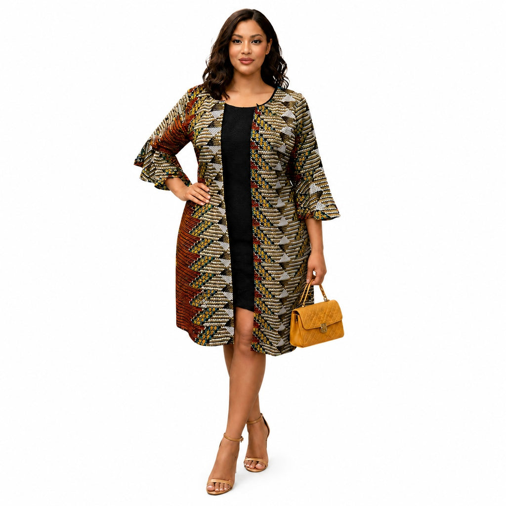 Women’s African Print Longline Jacket – Gold, Brown & Black