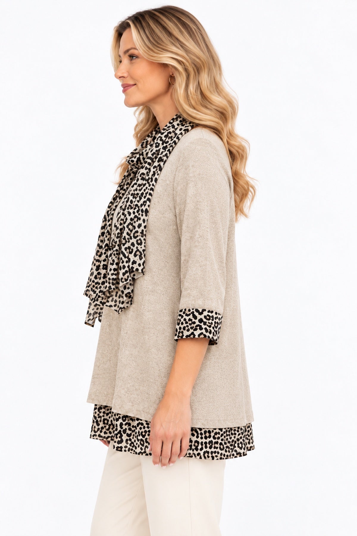 Women's Leopard Print Trim Tunic Top with Matching Scarf – Relaxed Fit – 11 Colours
