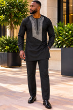 Akin Men's Black African Traditional Two-Piece Kaftan Set with Silver Grey Embroidery – Long Sleeve Tunic & Trousers