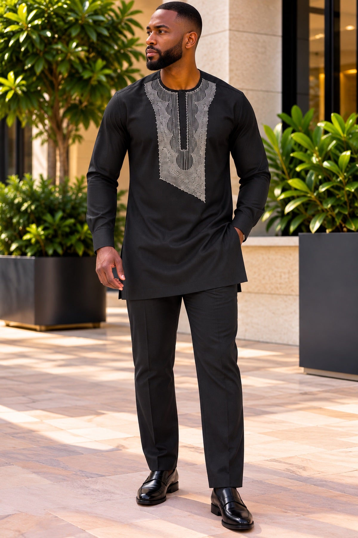 Akin Men's Black African Traditional Two-Piece Kaftan Set with Silver Grey Embroidery – Long Sleeve Tunic & Trousers