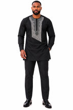 Akin Men's Black African Traditional Two-Piece Kaftan Set with Silver Grey Embroidery – Long Sleeve Tunic & Trousers