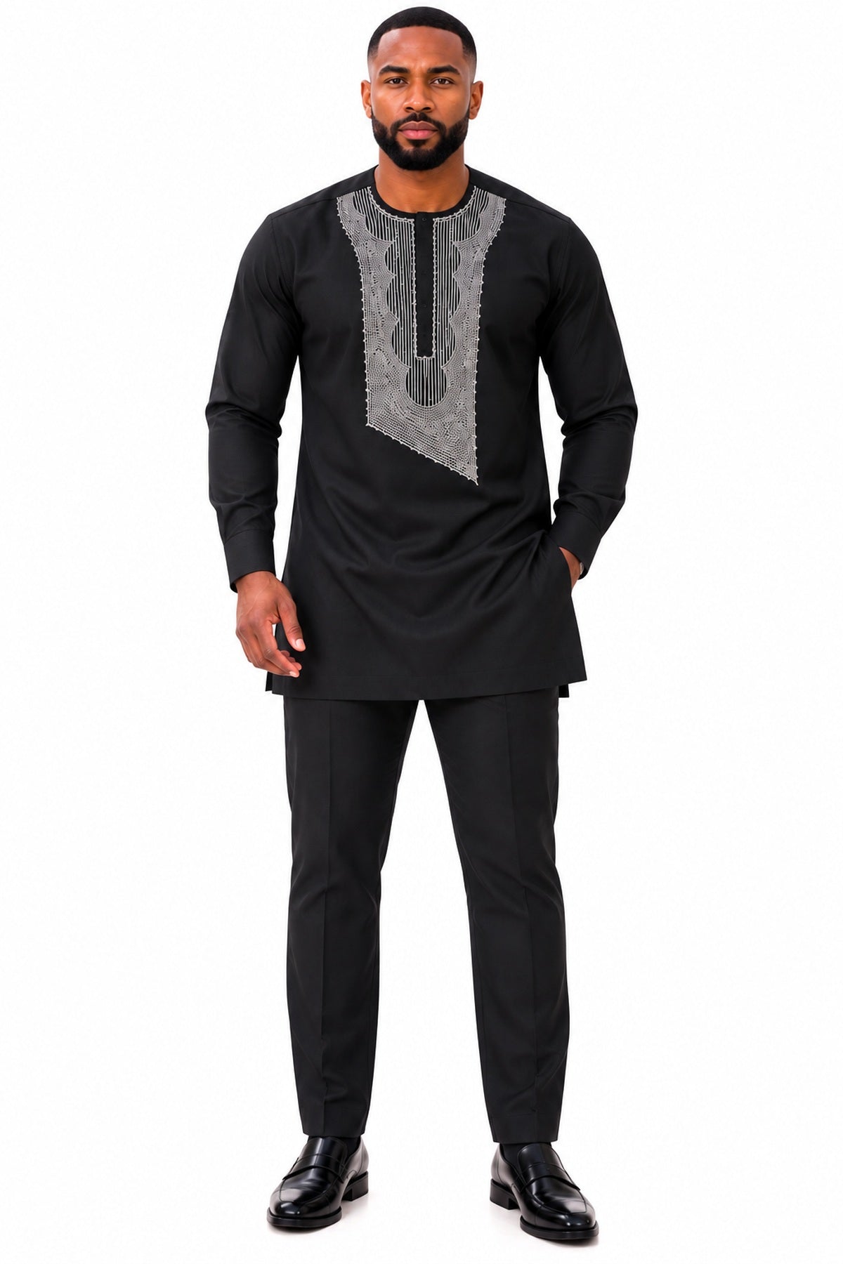 Akin Men's Black African Traditional Two-Piece Kaftan Set with Silver Grey Embroidery – Long Sleeve Tunic & Trousers