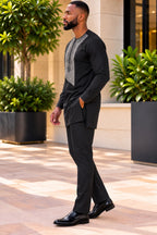 Akin Men's Black African Traditional Two-Piece Kaftan Set with Silver Grey Embroidery – Long Sleeve Tunic & Trousers