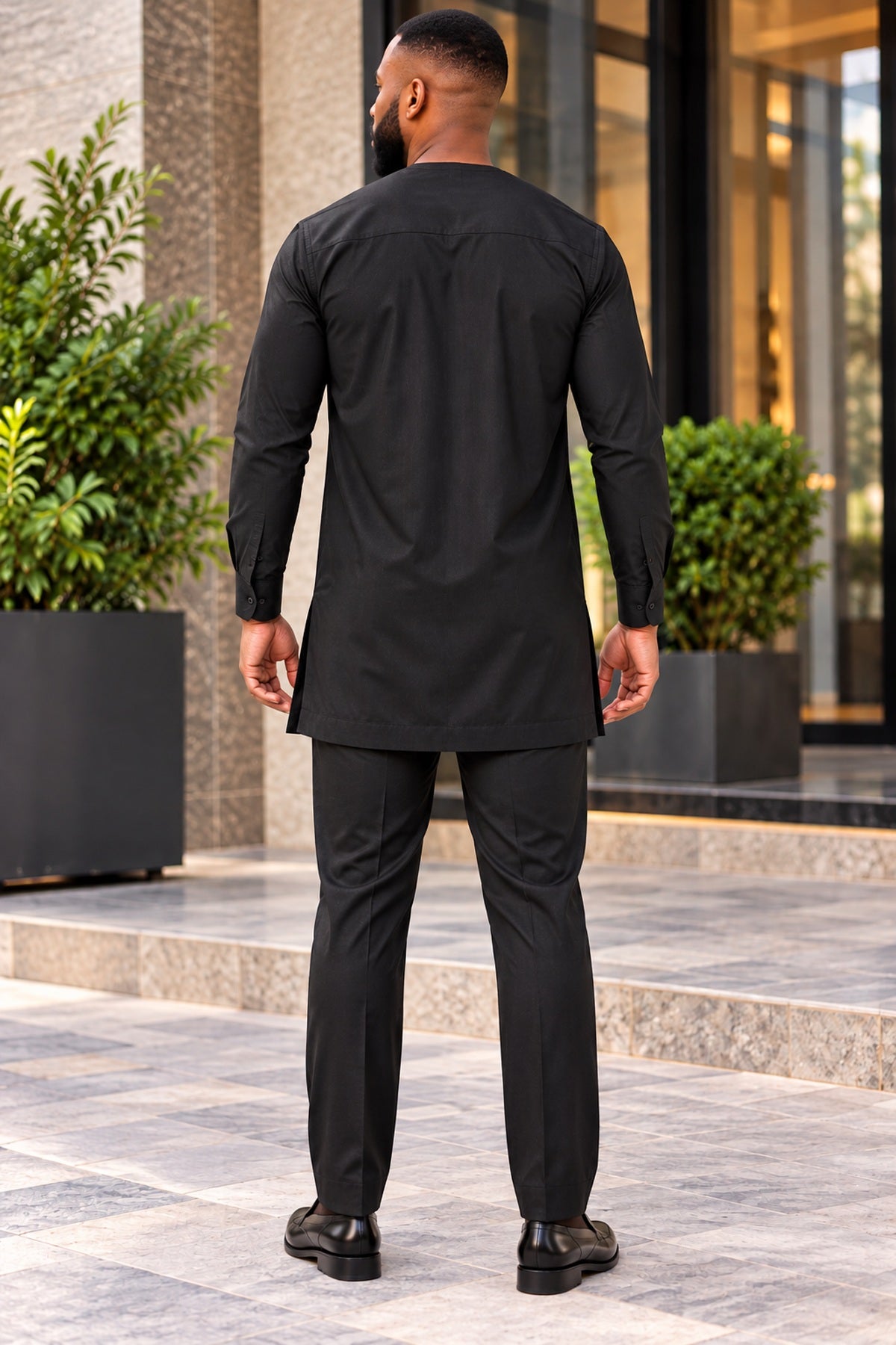 Timi Men's Black African Traditional Two-Piece Kaftan Set – Long Sleeve Tunic with Chest Pocket & Matching Trousers