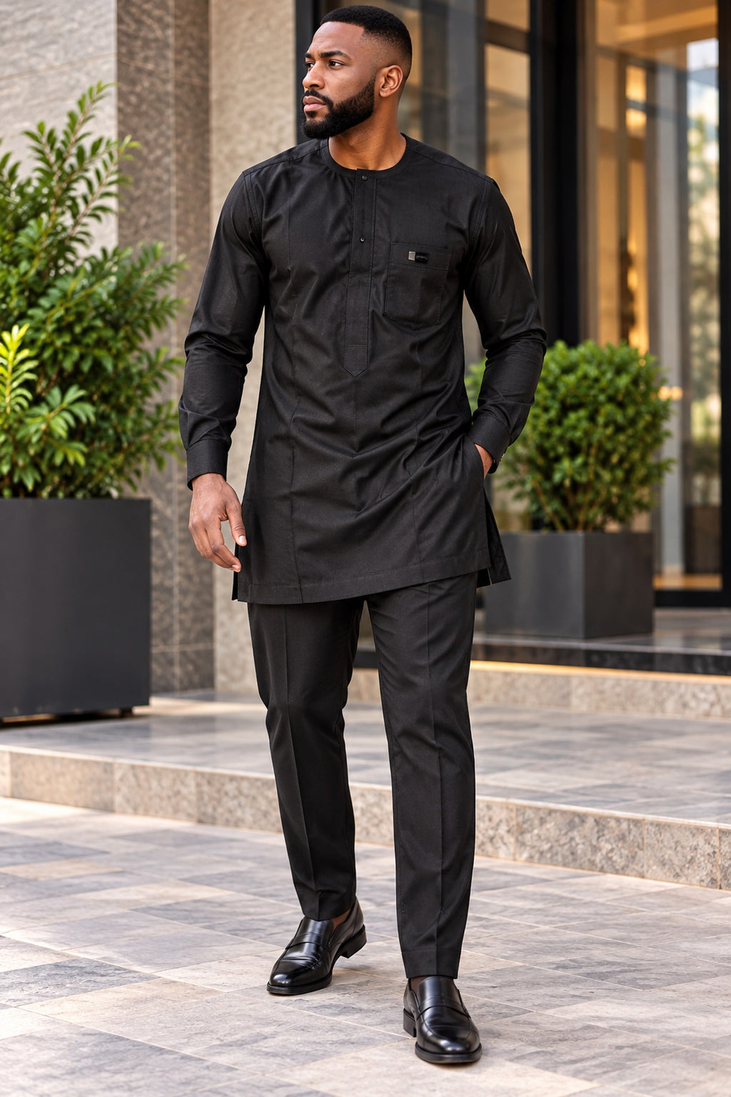 Timi Men's Black African Traditional Two-Piece Kaftan Set – Long Sleeve Tunic with Chest Pocket & Matching Trousers