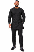 Timi Men's Black African Traditional Two-Piece Kaftan Set – Long Sleeve Tunic with Chest Pocket & Matching Trousers
