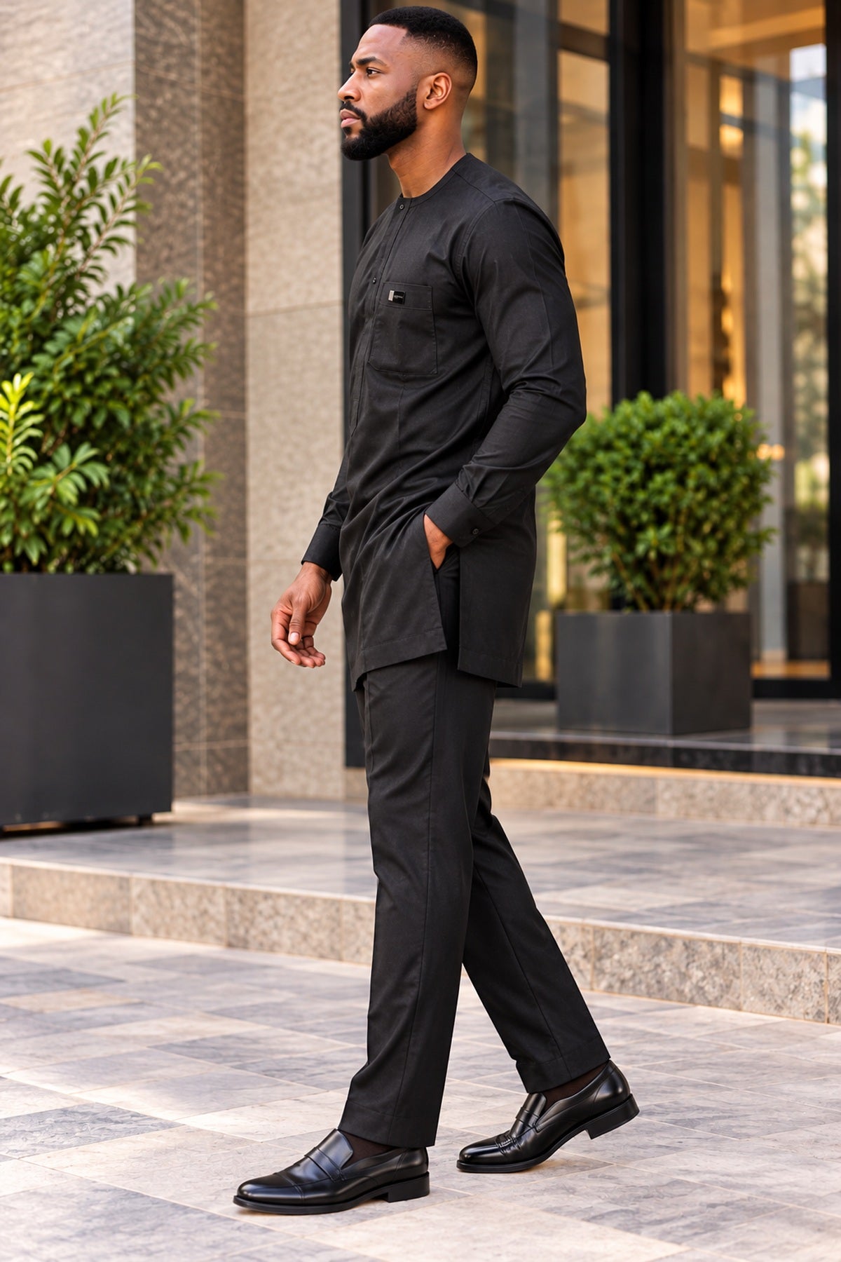 Timi Men's Black African Traditional Two-Piece Kaftan Set – Long Sleeve Tunic with Chest Pocket & Matching Trousers