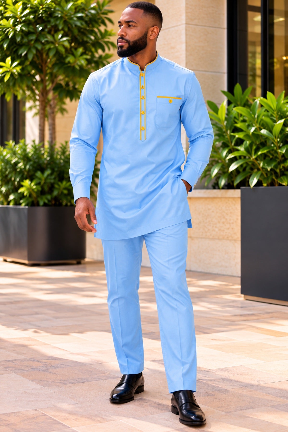 Wande Sky Blue African Traditional Two-Piece Kaftan Set with Gold Trim – Long Sleeve Tunic & Trousers