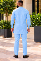 Wande Sky Blue African Traditional Two-Piece Kaftan Set with Gold Trim – Long Sleeve Tunic & Trousers