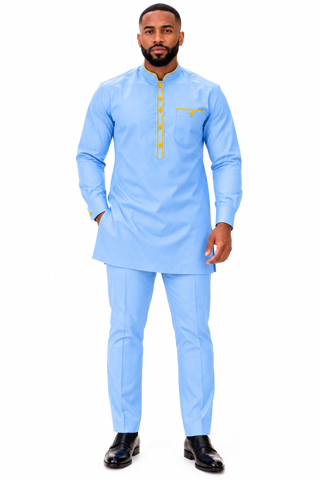 Wande Sky Blue African Traditional Two-Piece Kaftan Set with Gold Trim – Long Sleeve Tunic & Trousers
