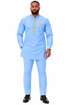 Wande Sky Blue African Traditional Two-Piece Kaftan Set with Gold Trim – Long Sleeve Tunic & Trousers