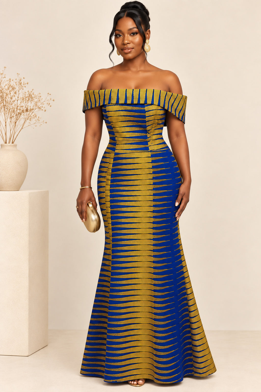 African Print Off-Shoulder Maxi Dress front view