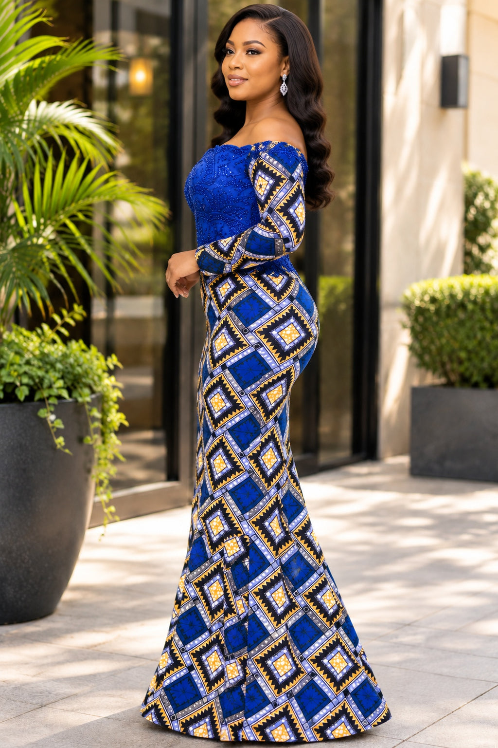 Royal Blue Beaded Off-Shoulder African Print Maxi Dress
