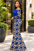 Royal Blue Beaded Off-Shoulder African Print Maxi Dress