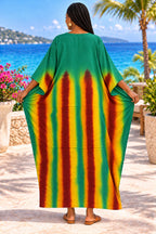 Women's Emerald Green Multicolour Tie-Dye Batwing Kaftan Maxi Dress with Matching Scarf – Free Size