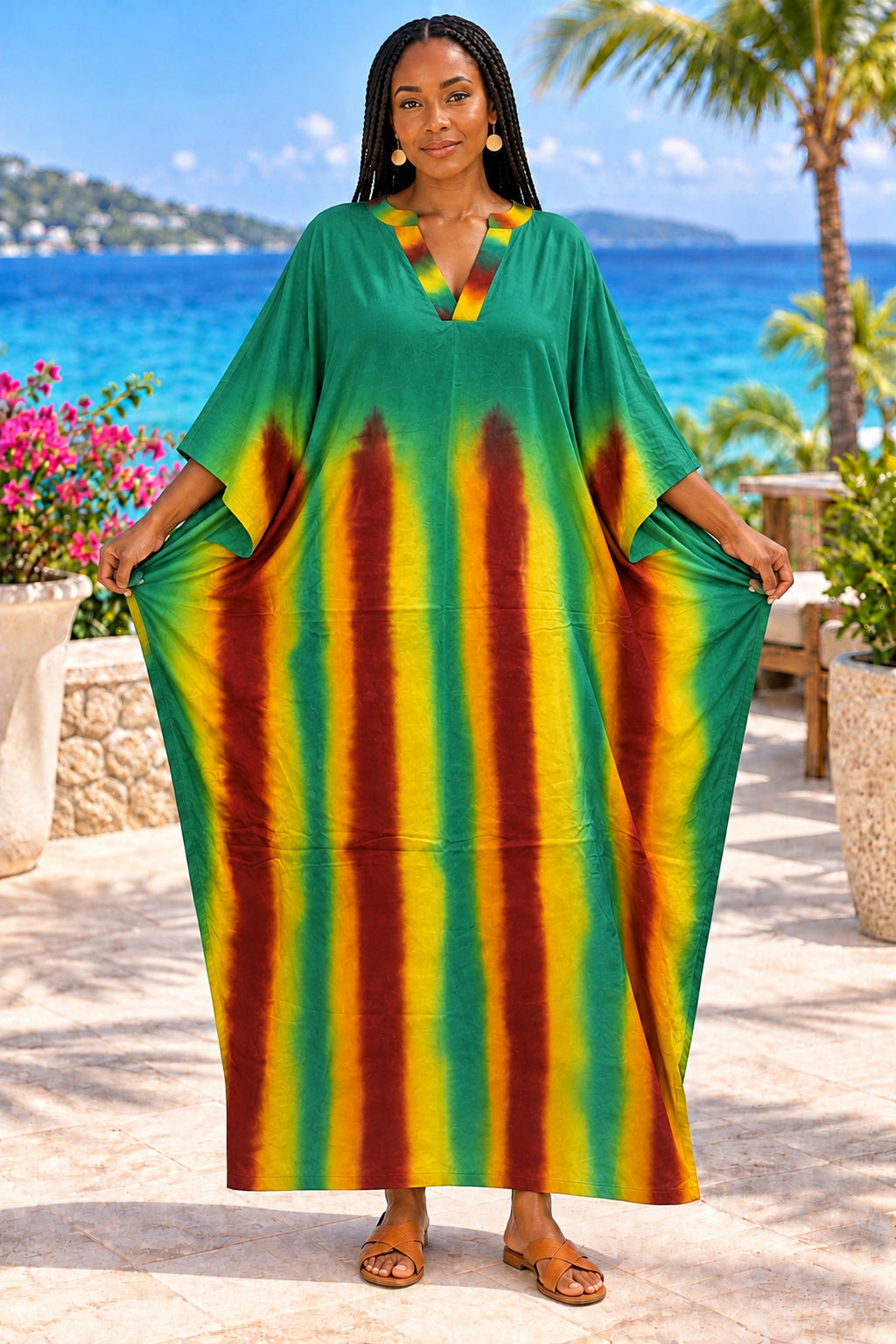 Women's Emerald Green Multicolour Tie-Dye Batwing Kaftan Maxi Dress with Matching Scarf – Free Size