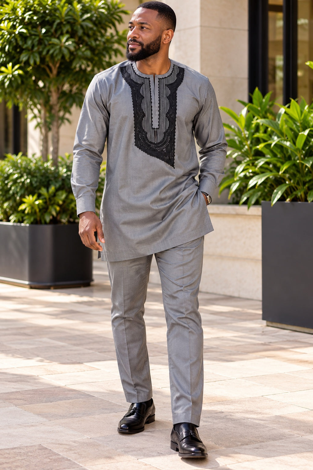 Tobi Men's Grey African Traditional Two-Piece Outfit with Black Embroidery – Long Sleeve Kaftan and Trousers