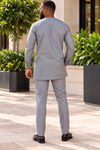 Tobi Men's Grey African Traditional Two-Piece Outfit with Black Embroidery – Long Sleeve Kaftan and Trousers