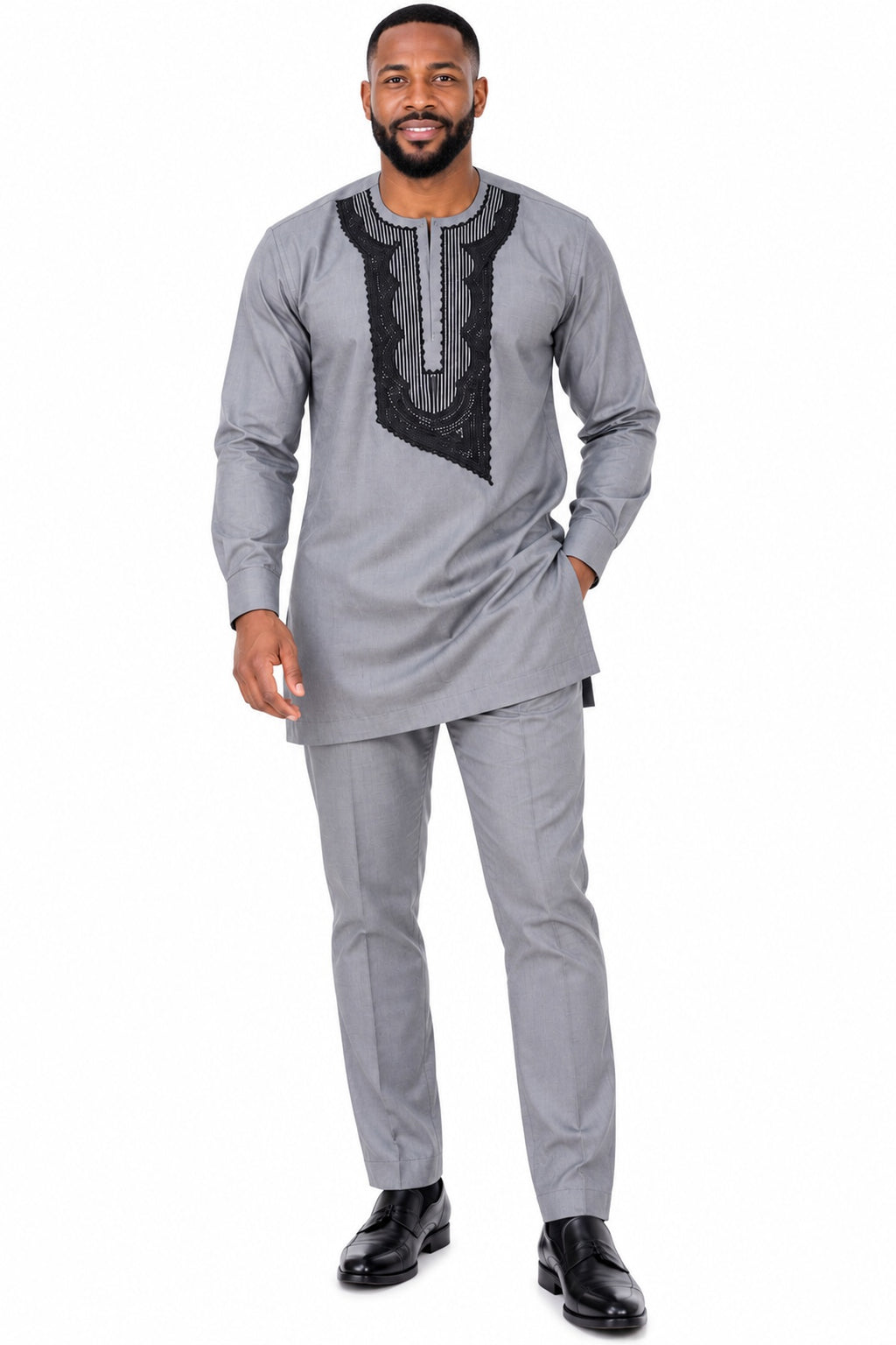 Tobi Men's Grey African Traditional Two-Piece Outfit with Black Embroidery – Long Sleeve Kaftan and Trousers