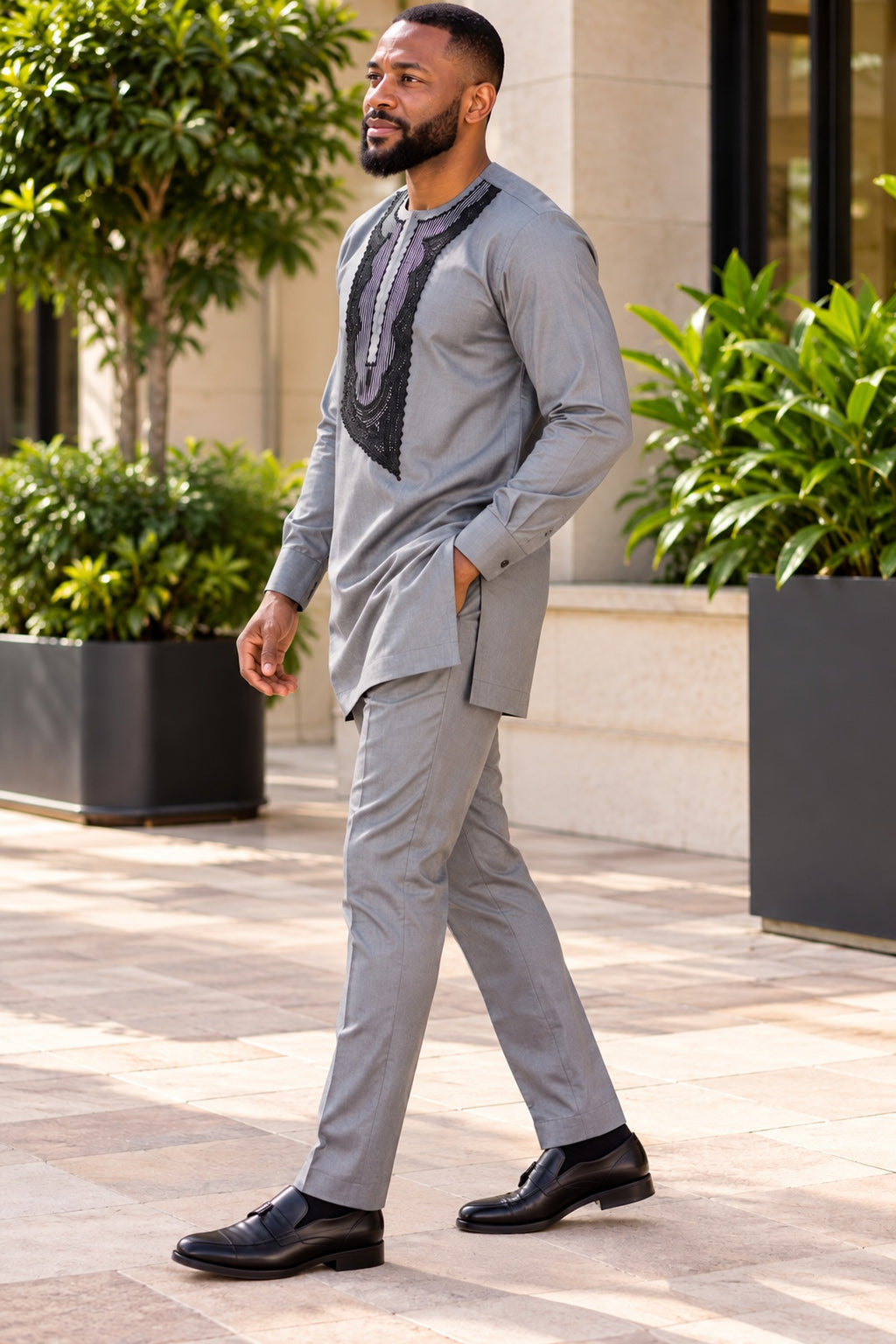 Tobi Men's Grey African Traditional Two-Piece Outfit with Black Embroidery – Long Sleeve Kaftan and Trousers