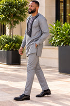 Tobi Men's Grey African Traditional Two-Piece Outfit with Black Embroidery – Long Sleeve Kaftan and Trousers