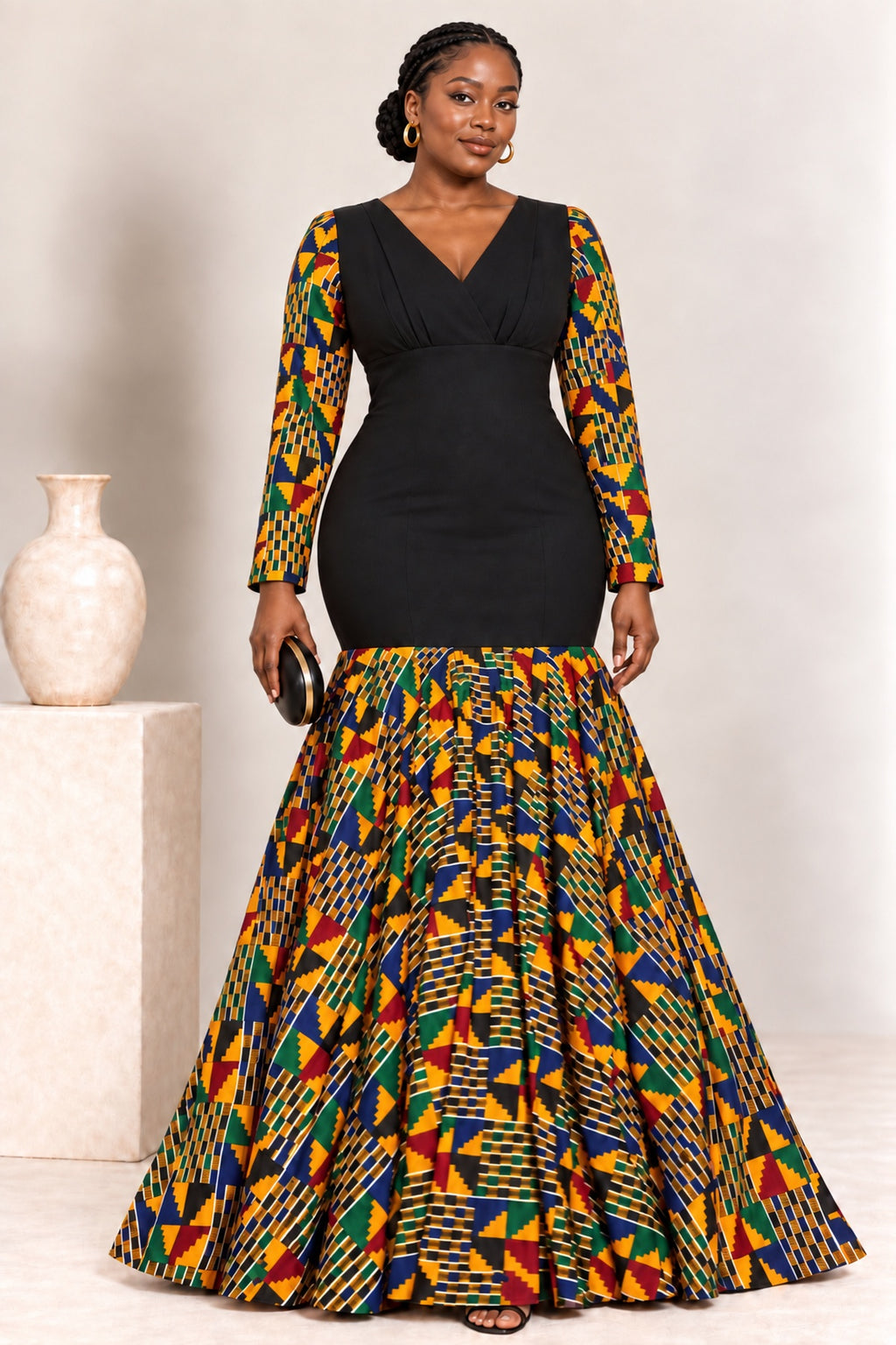 Afua Kente Print Mermaid Maxi Gown front view