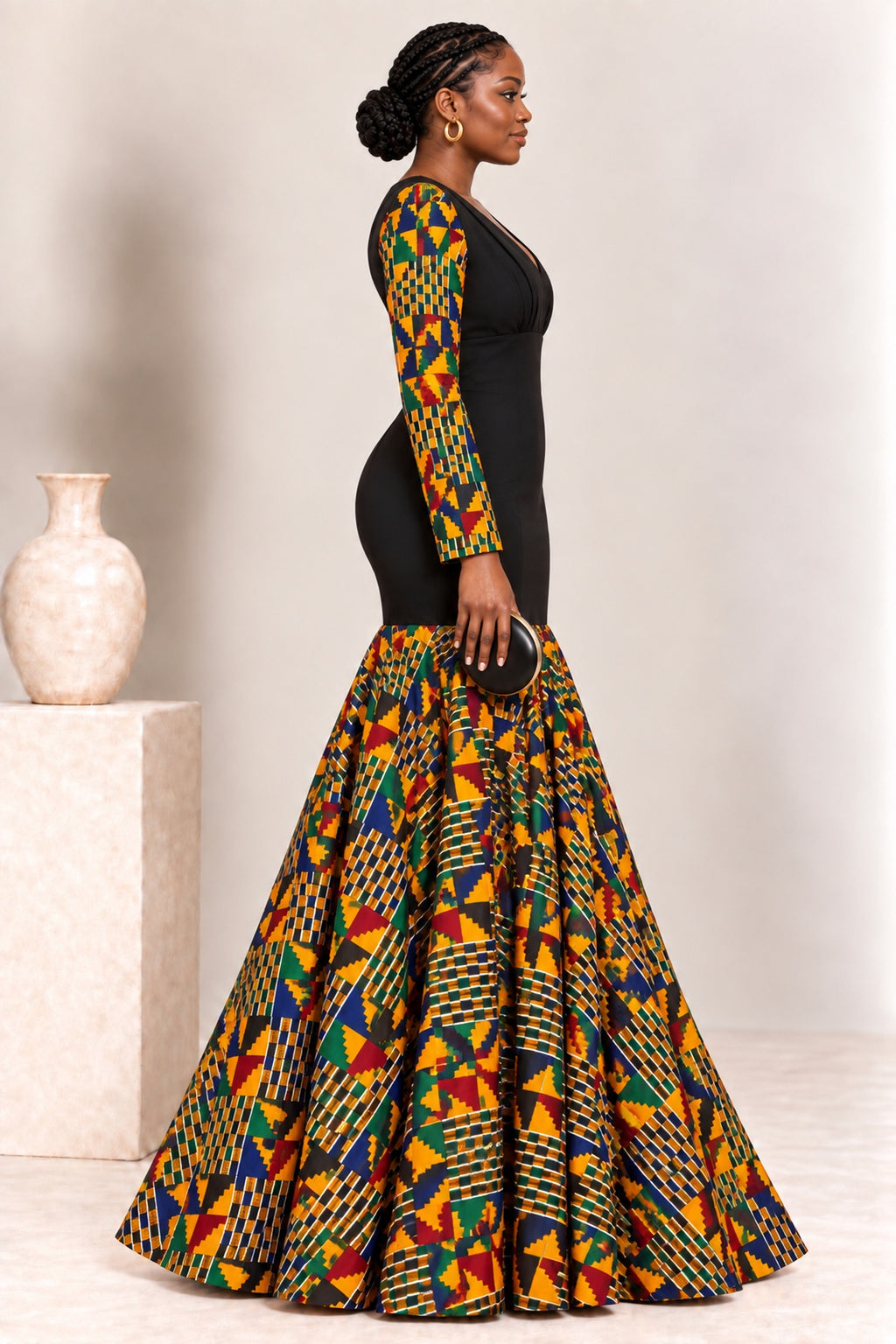 Afua Kente Print Mermaid Maxi Gown front view